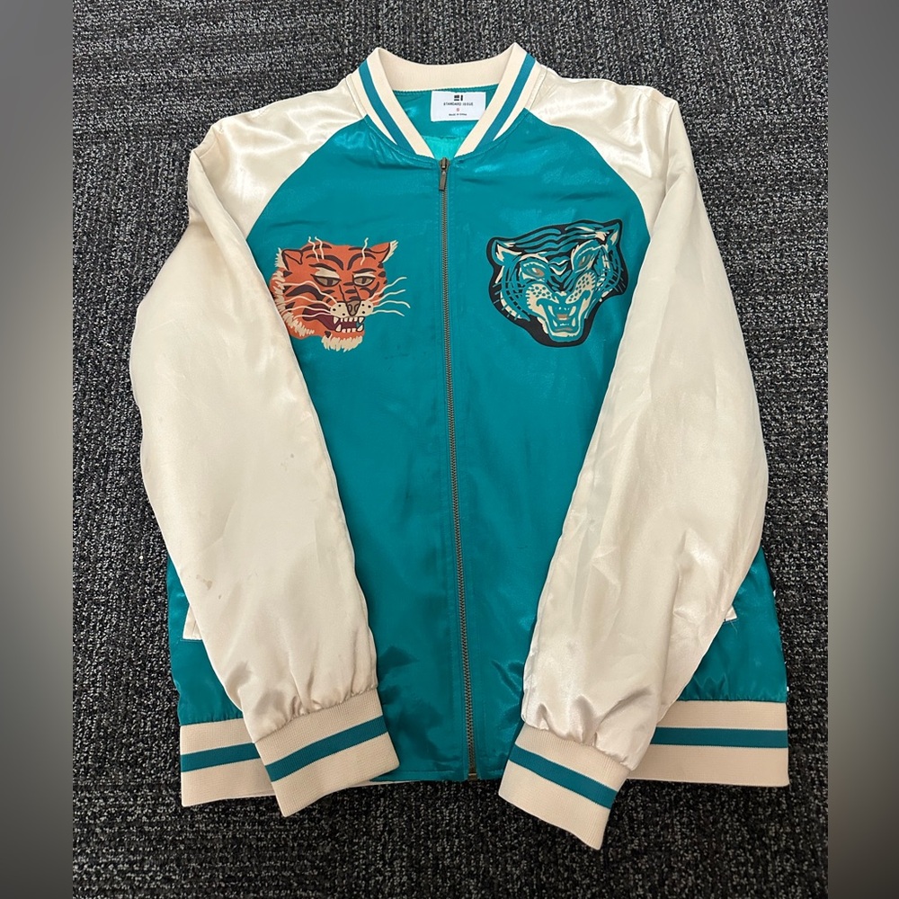 Standard Issue Brand Satin Tiger Jacket With Waves And Cherry Blossoms On Back